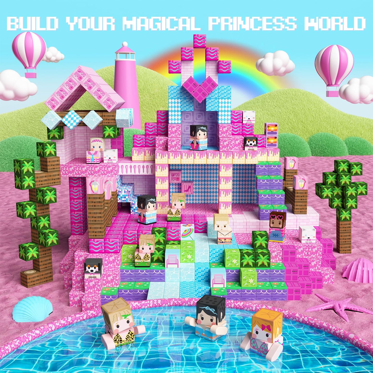 GobiDex 100PCS Magnetic Blocks – Pink Castle & Poolside Villa Set for Girls 3+