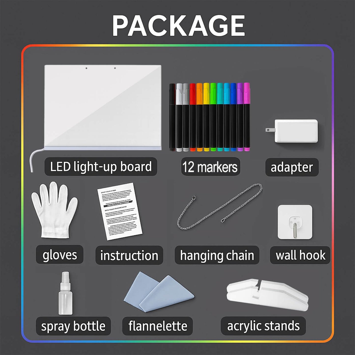 Godeprot RGB Rainbow LED Drawing Board — 7 Modes, 12 Markers, 13.8 x 10 in Acrylic Pad