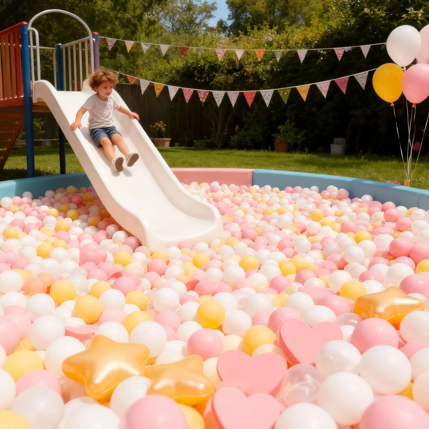 GOGOSO Ball Pit Balls – 100pc Stars & Hearts (Pink / Gold / White / Clear)