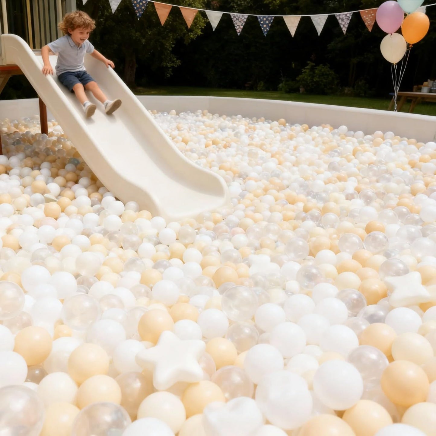 GOGOSO Ball Pit Balls - 200pcs Pastel Stars & Hearts (Beige/Clear/White) for Toddlers