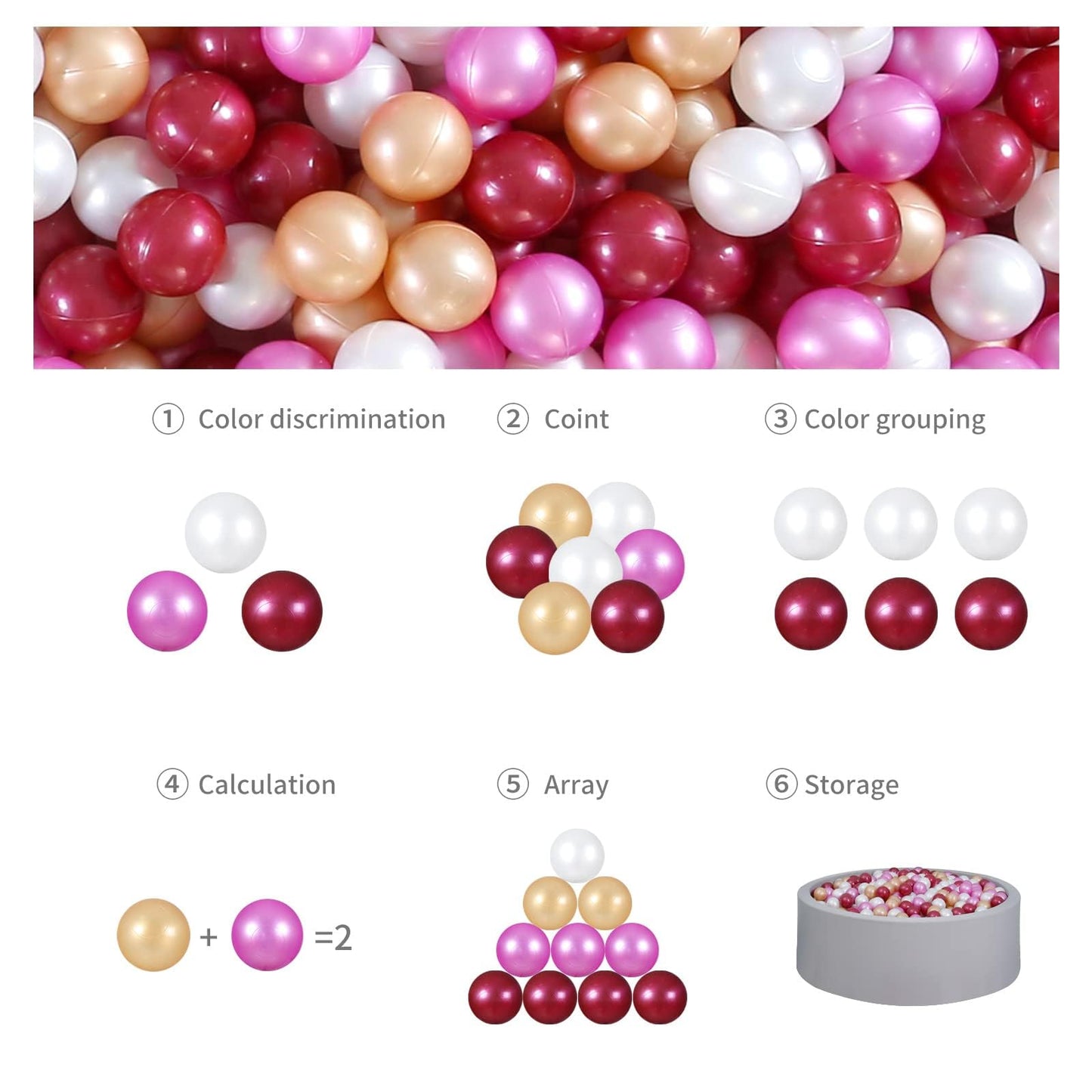 GOGOSO Ball Pit Balls – 100 Non-Toxic 2.2-Inch Toddler Play Balls (Dark Pink, Gold, White, Red)