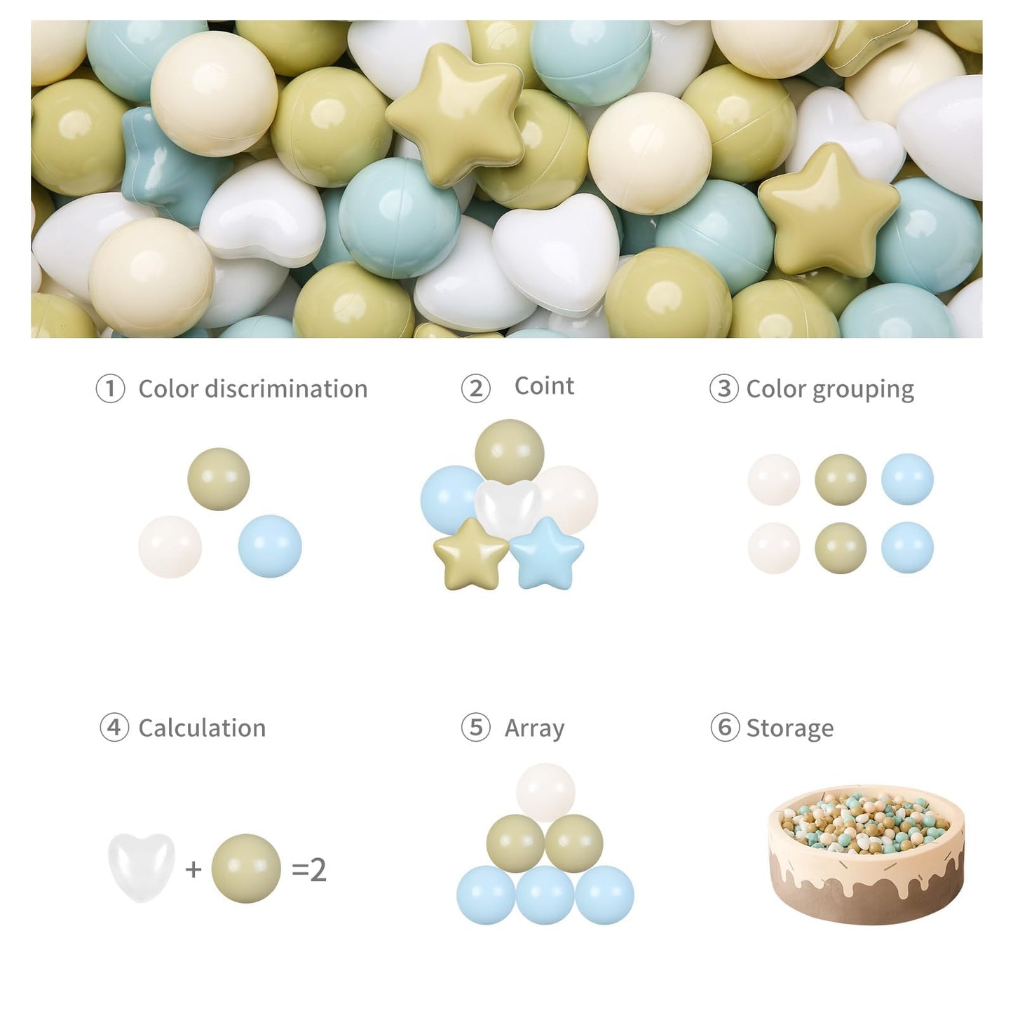 GOGOSO Ball Pit Balls – Stars & Hearts Shaped, 100pcs Pastel Creamy Blue/Green/White