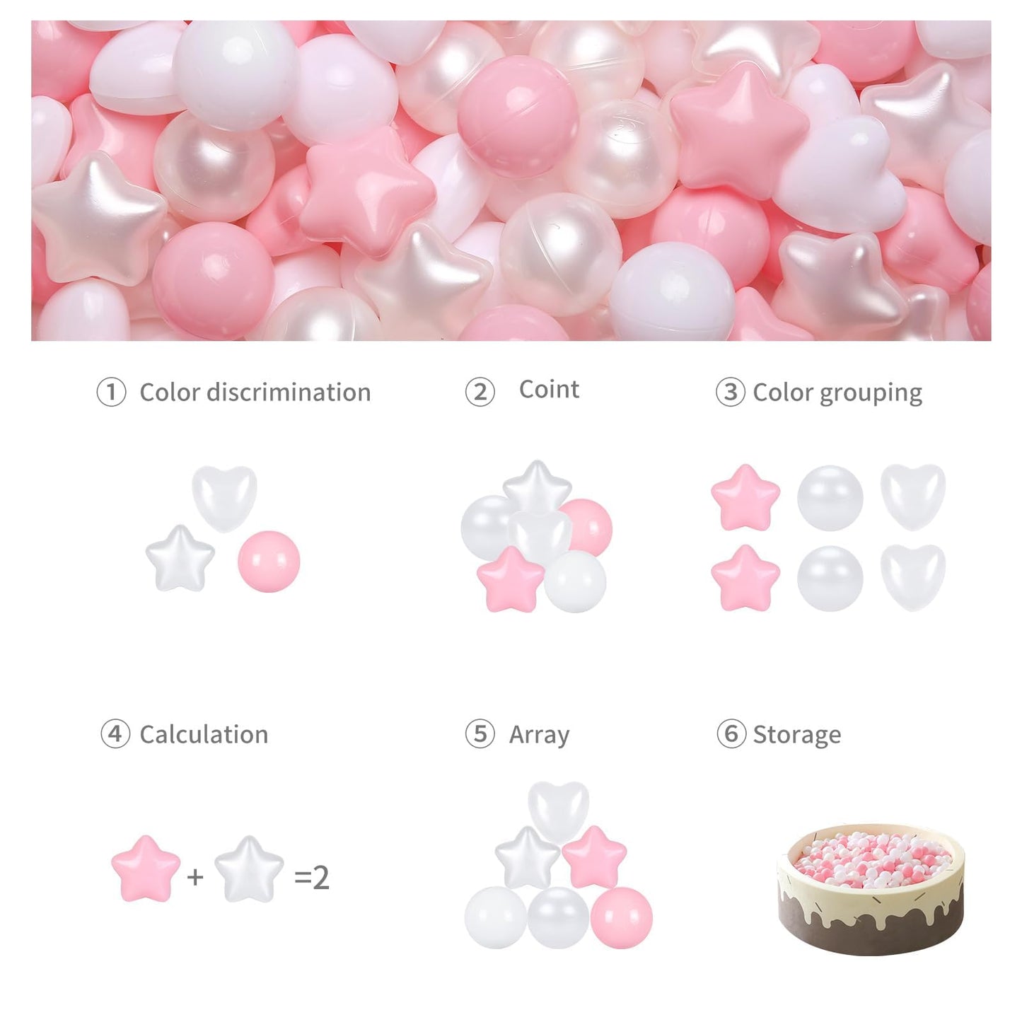 GOGOSO Ball Pit Balls – 200pcs Stars & Hearts Pastel Shapes (Pink, Pear, White)