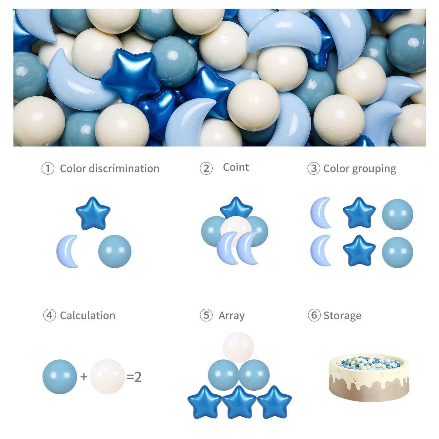 GOGOSO Ball Pit Balls – Stars & Moon Shapes (100 pcs) for Toddlers, Pearl Blue & Cream