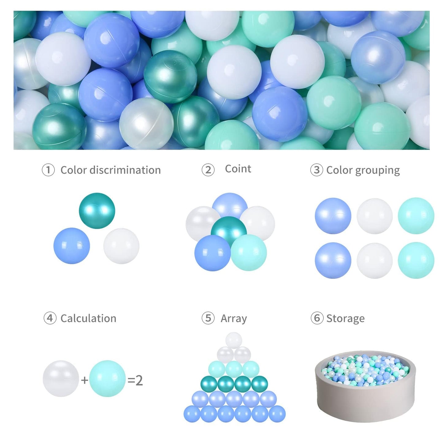 GOGOSO Ball Pits Balls – 2.2-Inch Crush-Proof, Non-Toxic Play Balls (100 Count) – Pearl, Macaron Blue, Green, White