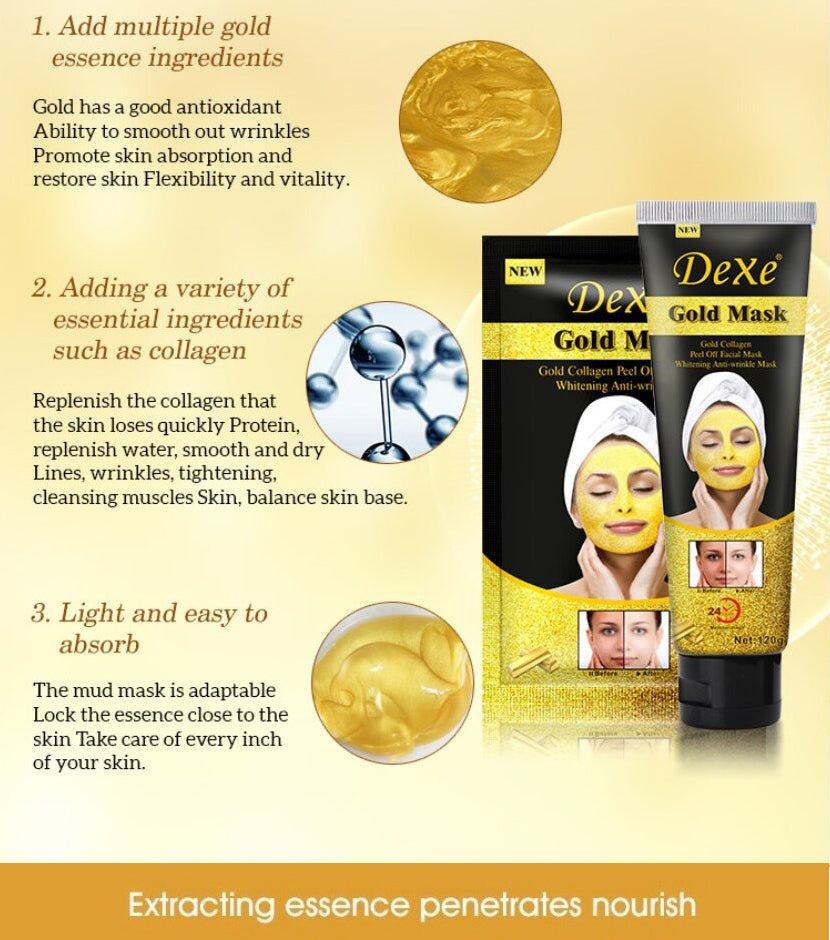Dexe Gold Facial Mask | Luxury Anti-Aging & Brightening Facial Treatment for All Skin Types | 120g/4.23 oz