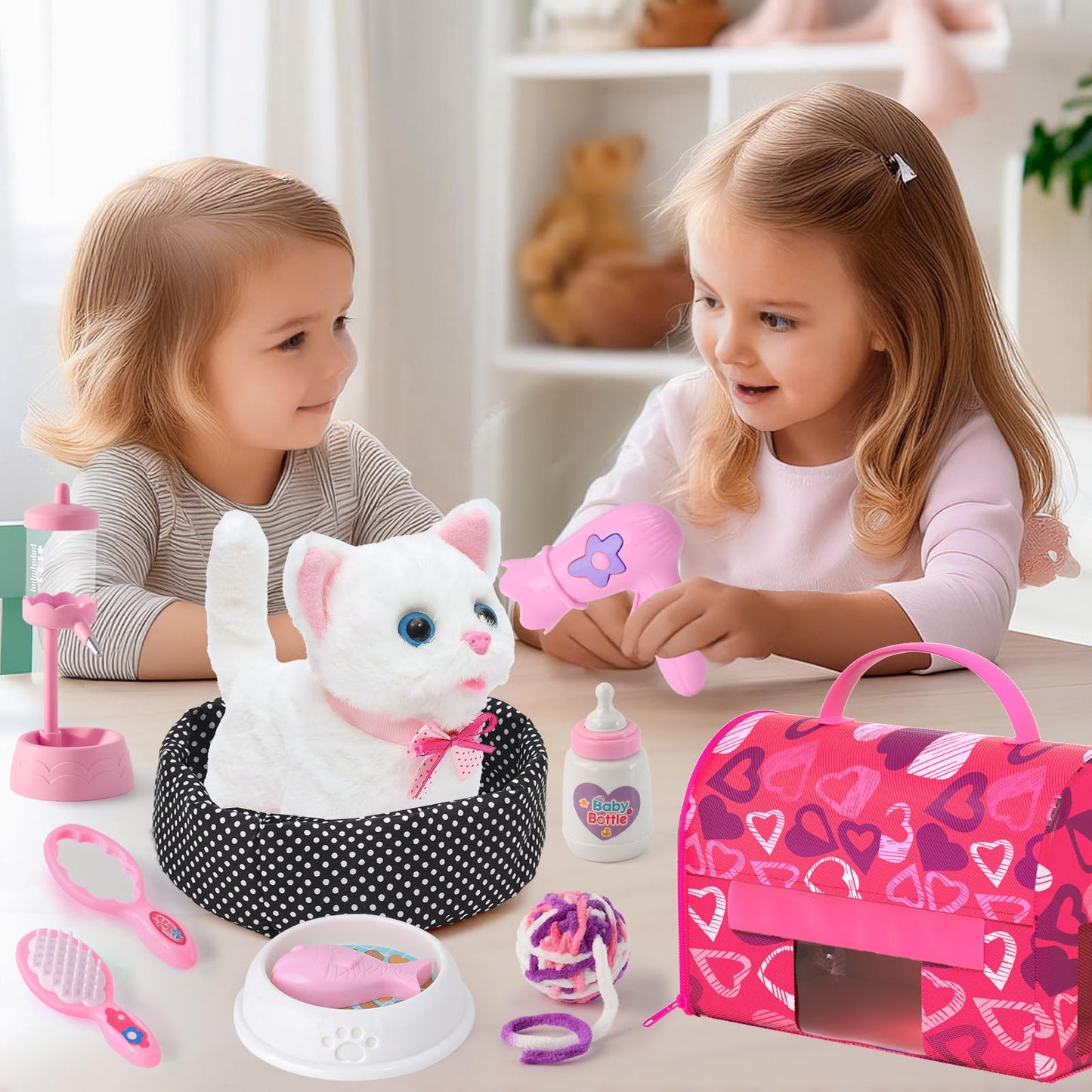 Golray Cat Toys for Kids – Interactive Plush Cat That Walks & Meows + 16-Piece Carrier & Grooming Playset