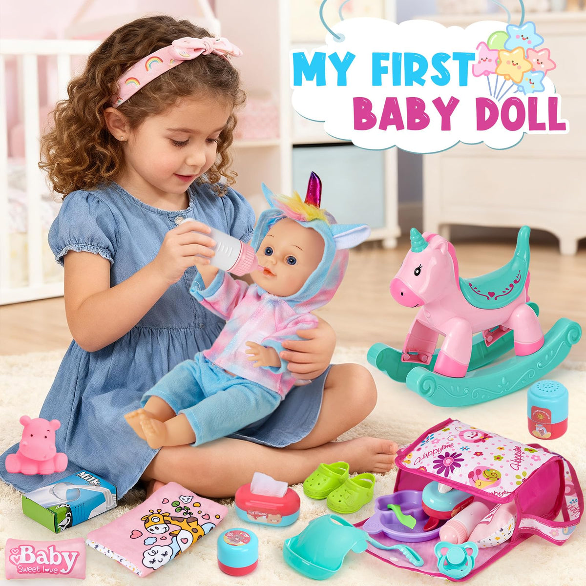 Golray 12-In Baby Doll Playset with Stroller – 26-Piece Pretend Nursery Toys for Girls 3–6