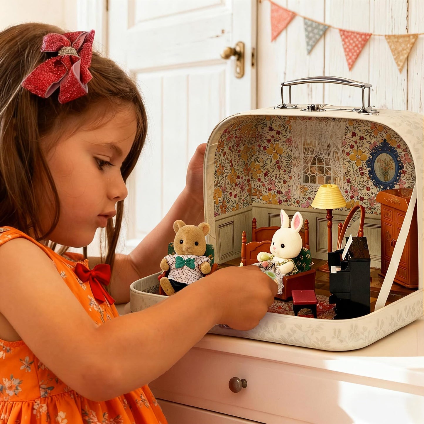 Golray Dollhouse Suitcase Set: Portable Bedroom Furniture for Kids (2 Dolls, Bed, Lamp, Wardrobe, Piano)