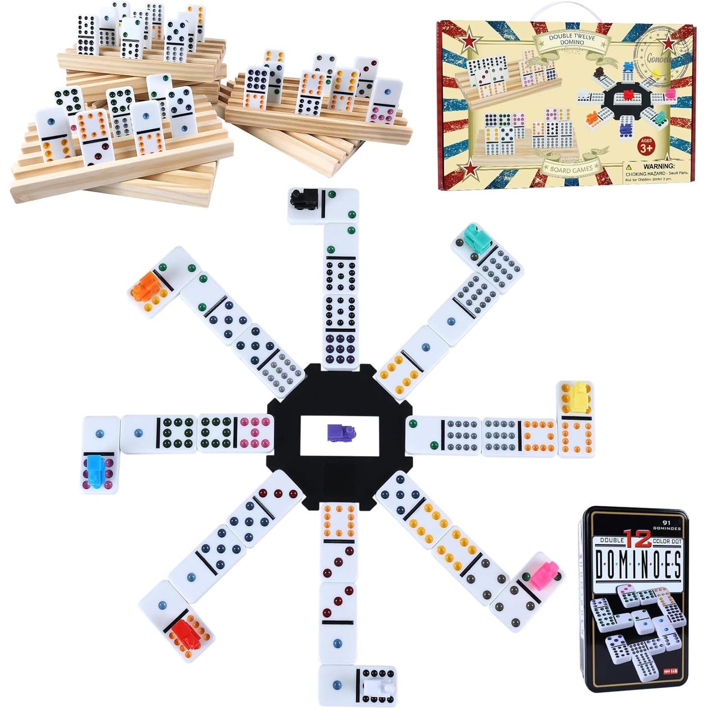 Gonoelec Double 12 Mexican Train Dominoes Set — 8 Wooden Holders, 9 Train Markers, Tin Box