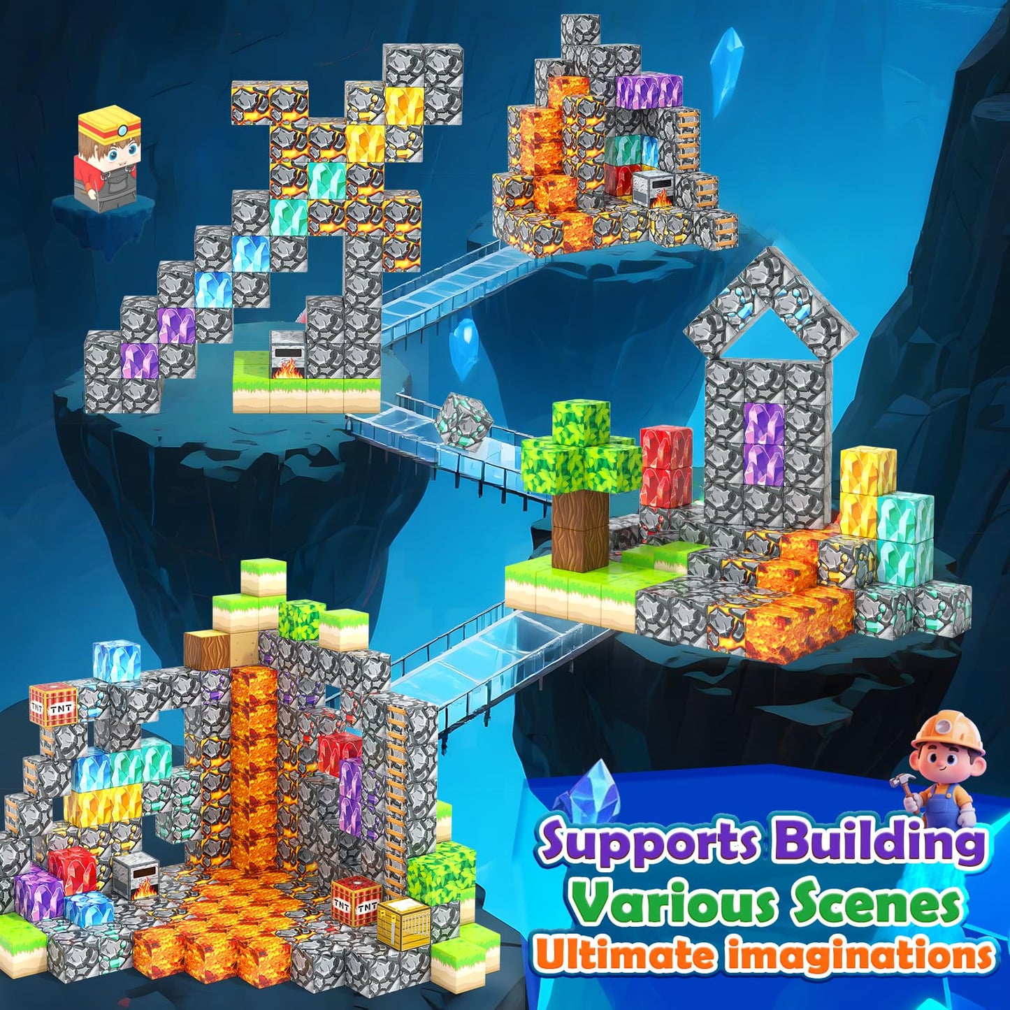 Gooidea Magnetic Blocks - 150 STEM Building Blocks for Kids | Mine World Theme Cubes