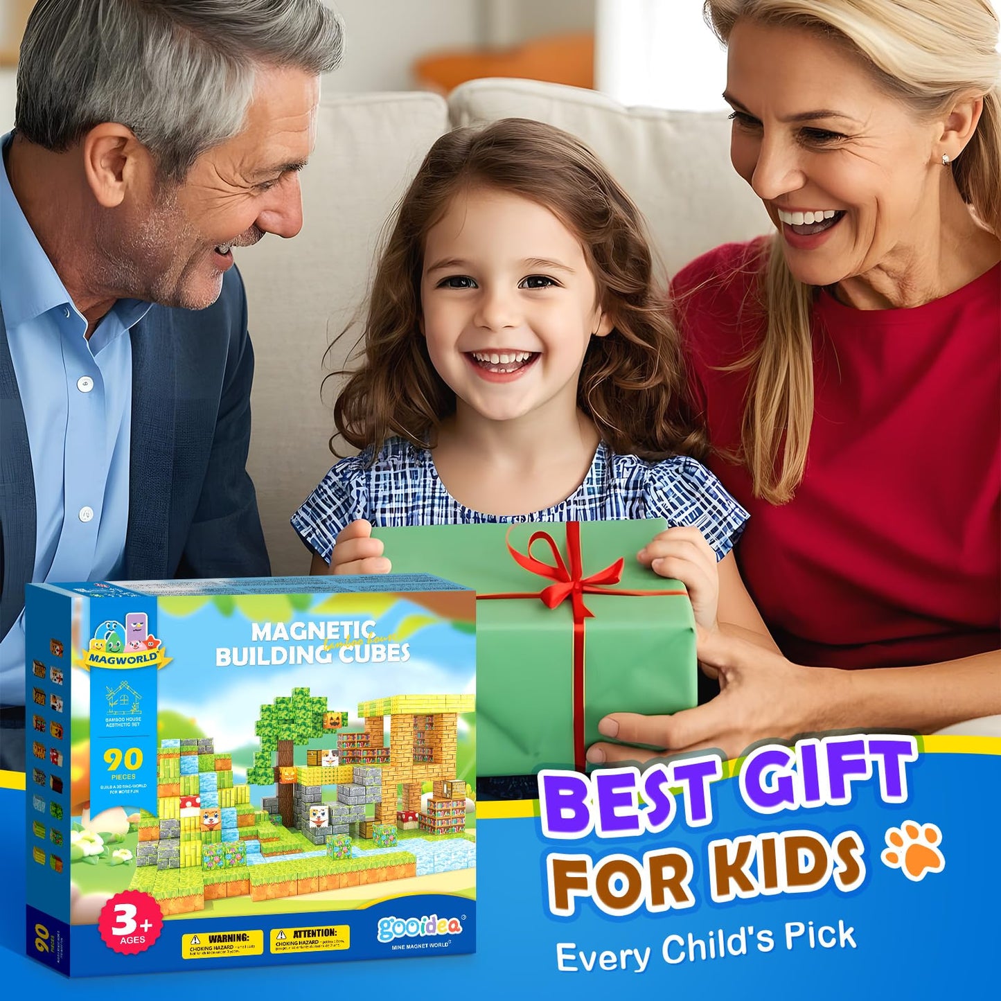 Gooidea Large Magnetic Blocks 1 Inch Building Cubes for Kids 3+ | Magworld Bamboo House Toy Set
