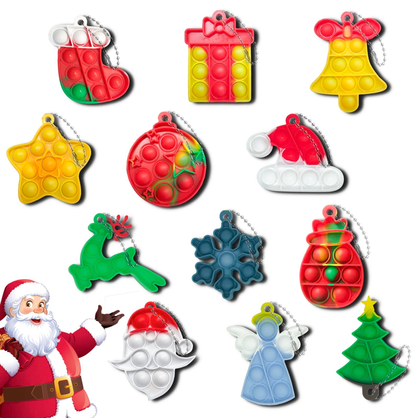 GooKit 12Pcs Christmas Mini Pop Keychain Fidget Toys – Silicone Stress-Relief Keychains