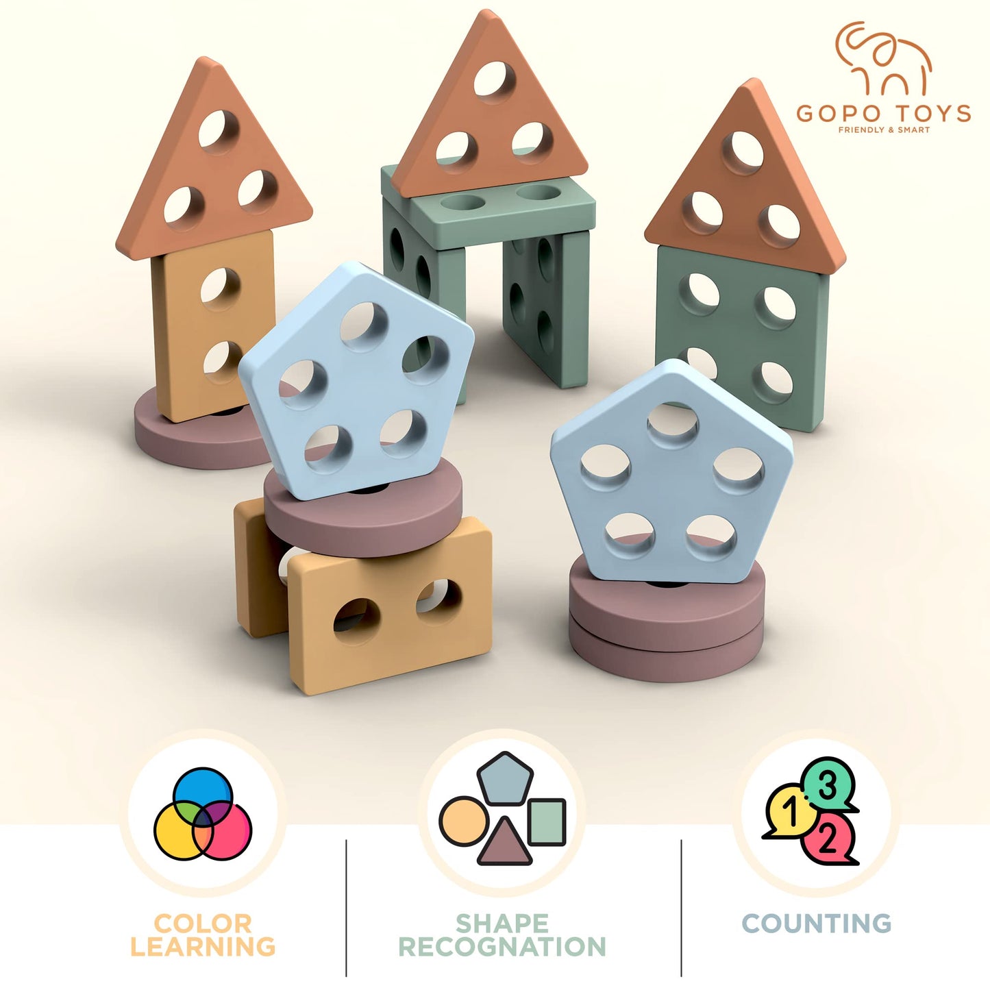 GOPO TOYS Montessori Wooden Shape Sorter & Stacking Puzzle for 1+ Year Olds
