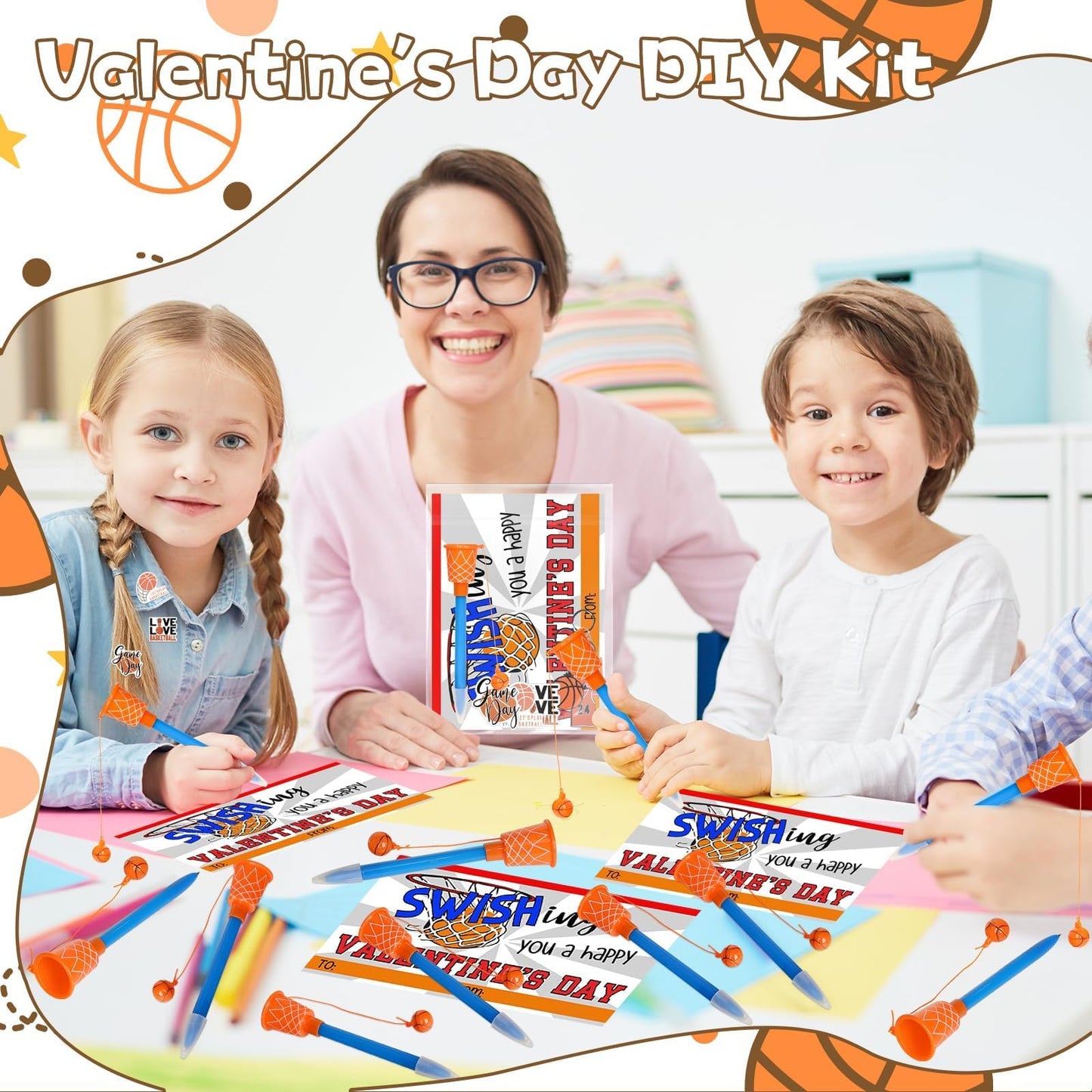Gosodeny 30-Count Valentine Basketball Gift Set – Pens, Cards, Stickers, Keychains & Gift Bags