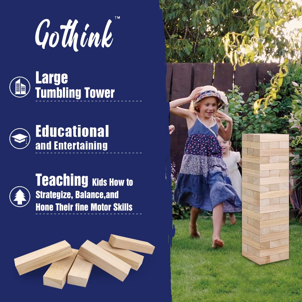 GOTHINK Giant Tumble Tower Game – Large Outdoor Wooden Stack Blocks with Carry Case (54pcs)