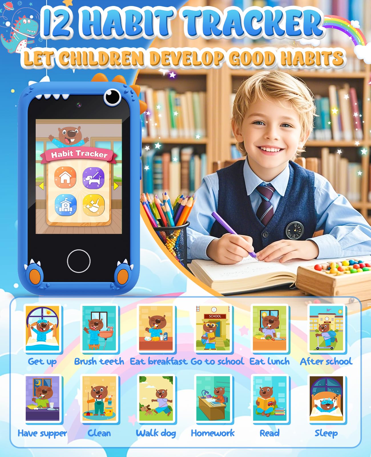 Gothwick Dinosaur Smartphone Toy for Kids 3-12 — Learning Games, Dual Cameras, 8GB Card