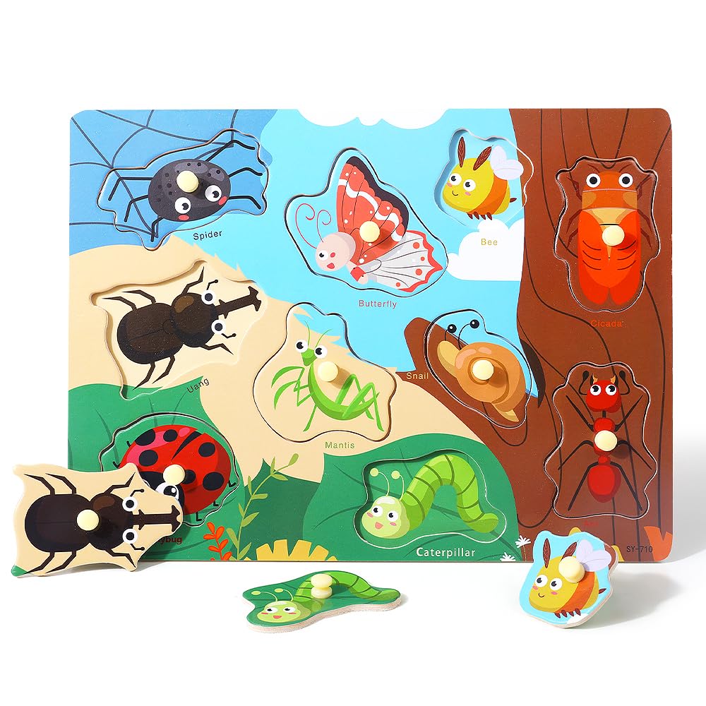 GR GRINNNIE 9 Pack Montessori Toddler Puzzle for 3-5 Years – Wooden Alphabet, Number, Shape & More