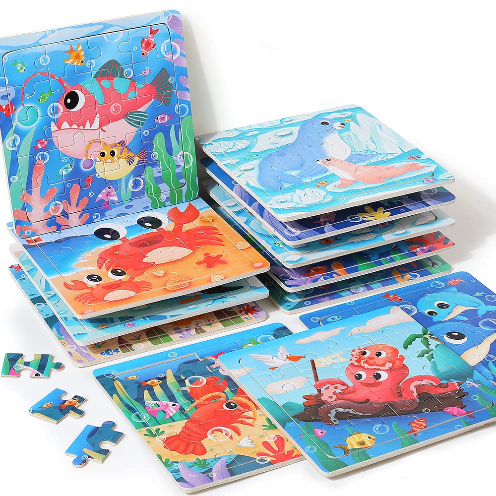 GR GRINNNIE Wooden Ocean Animals 12 Piece Puzzle for Toddlers
