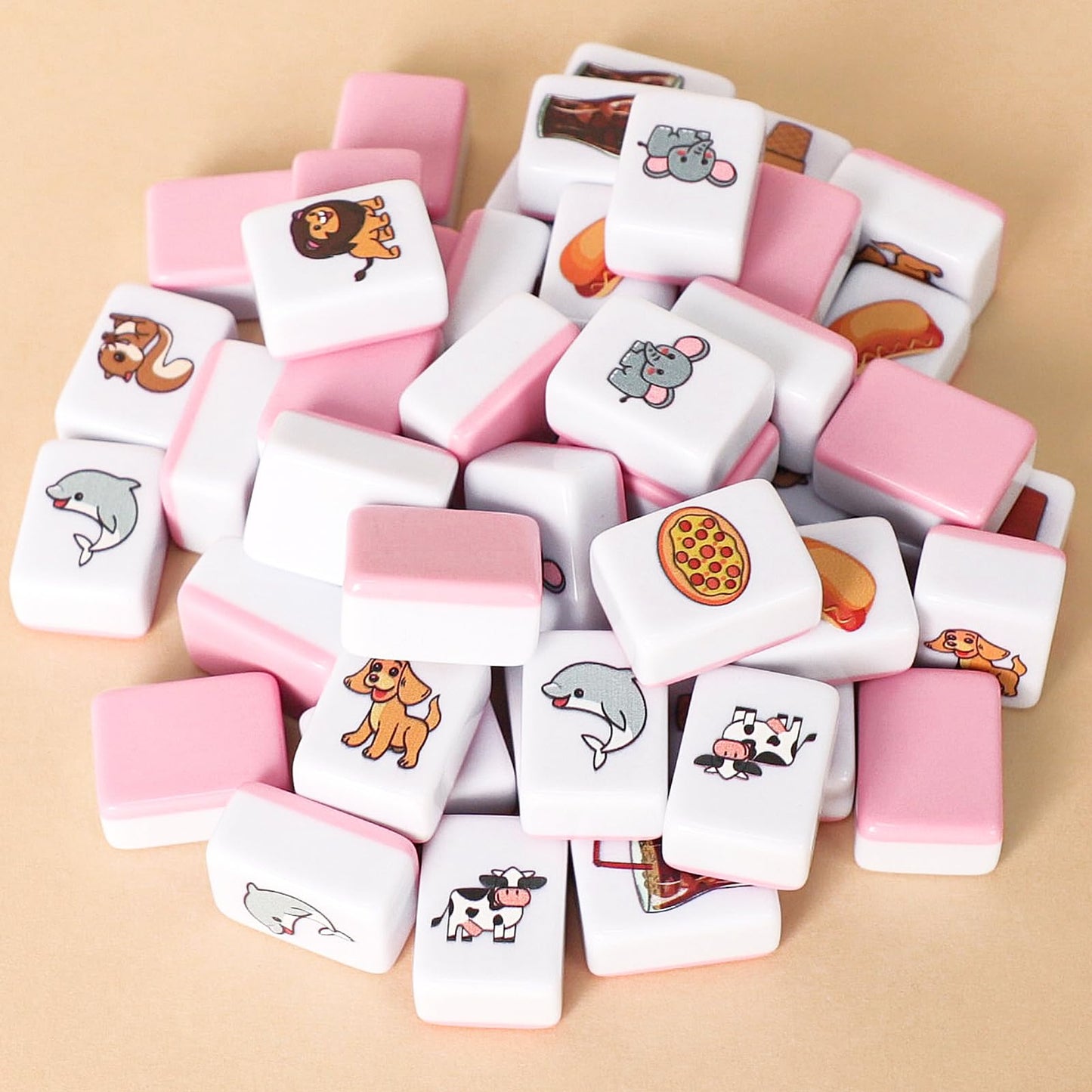 GRACIAS 2-Player Mahjong Set — 50 Pink Tiles, Animal & Food Patterns, Portable Carry Bag