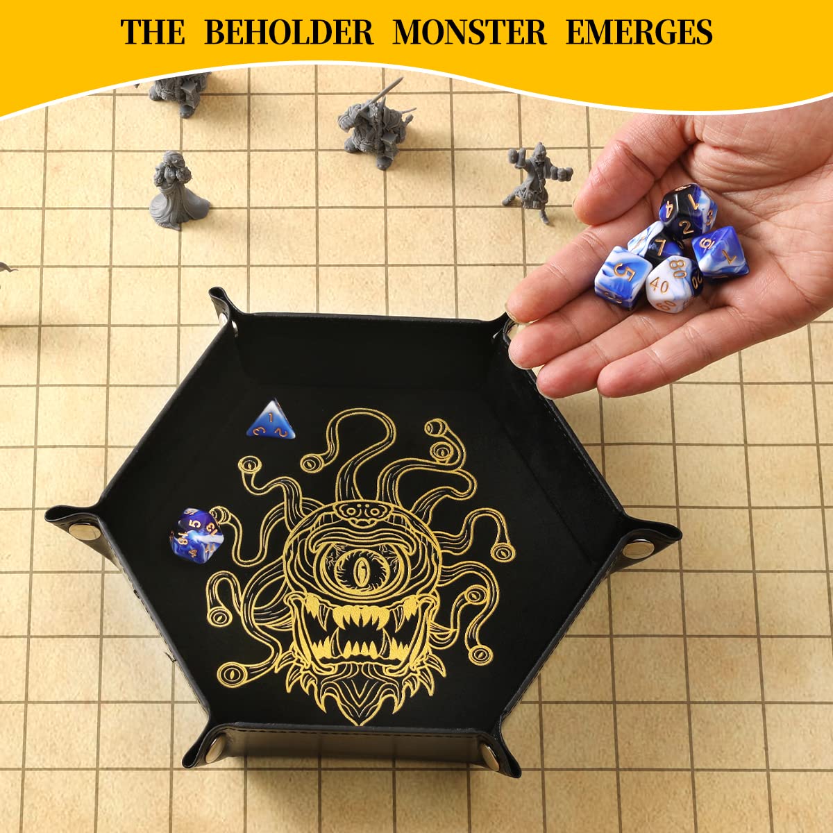 Grajar 2 Pcs Portable Folding Dice Tray Set – Beholder Edition, PU Leather & Velvet Holder for RPG DND