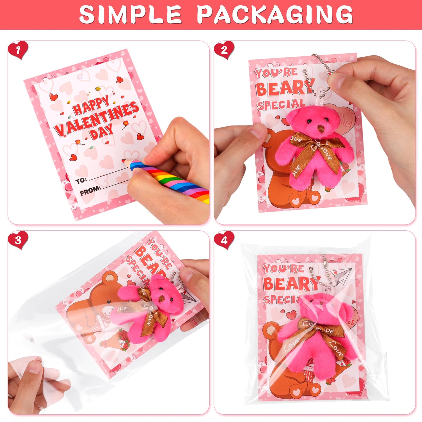 Grastfu 28-Pack Valentines Day Gifts for Kids – Mini Bear Plush Toys with Keychains and Classroom Cards