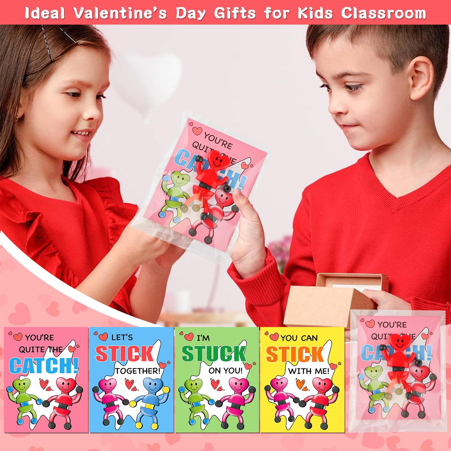 Grastfu 28-Pack Valentines Day Gifts for Kids - Sticky Man Toys & Classroom Cards