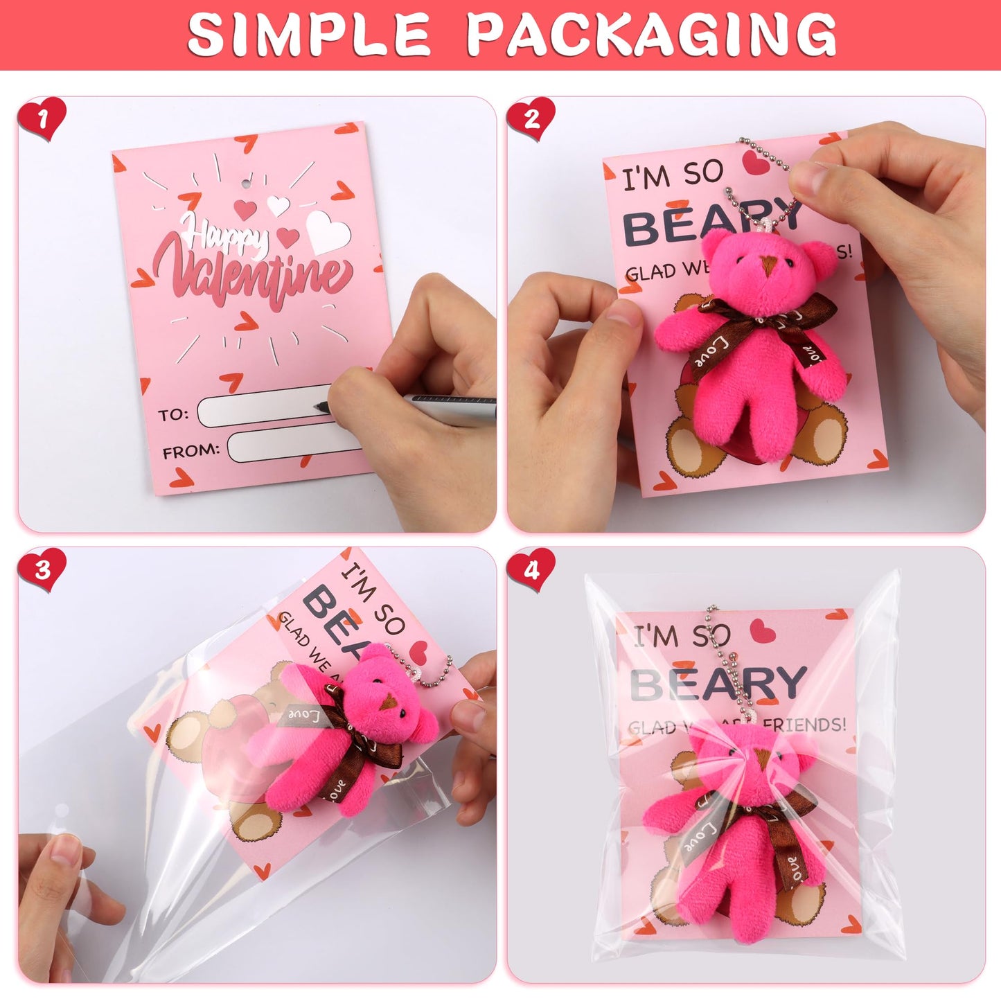 Grastfu 28-Pack Valentines Day Gifts for Kids — Plush Bear Toys & Cards