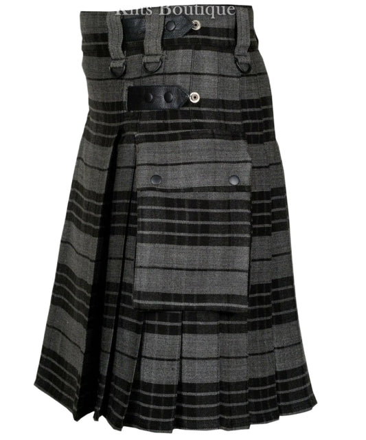 Gray Watch Tartan Scottish Men Utility Modern Kilt 2 side Cargo Pockets Length 24"