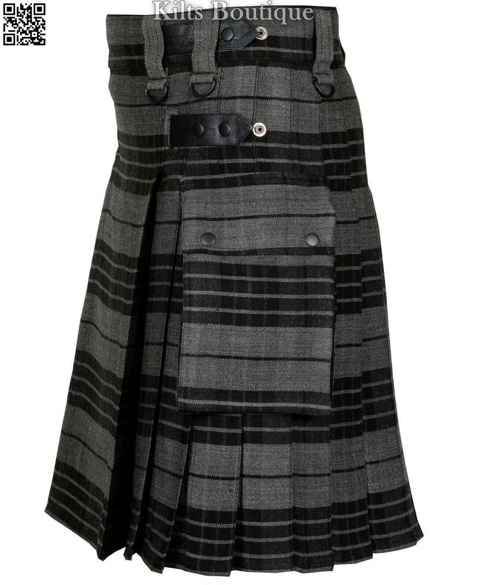 Gray Watch Tartan Scottish Men Utility Modern Kilt 2 side Cargo Pockets Length 24"
