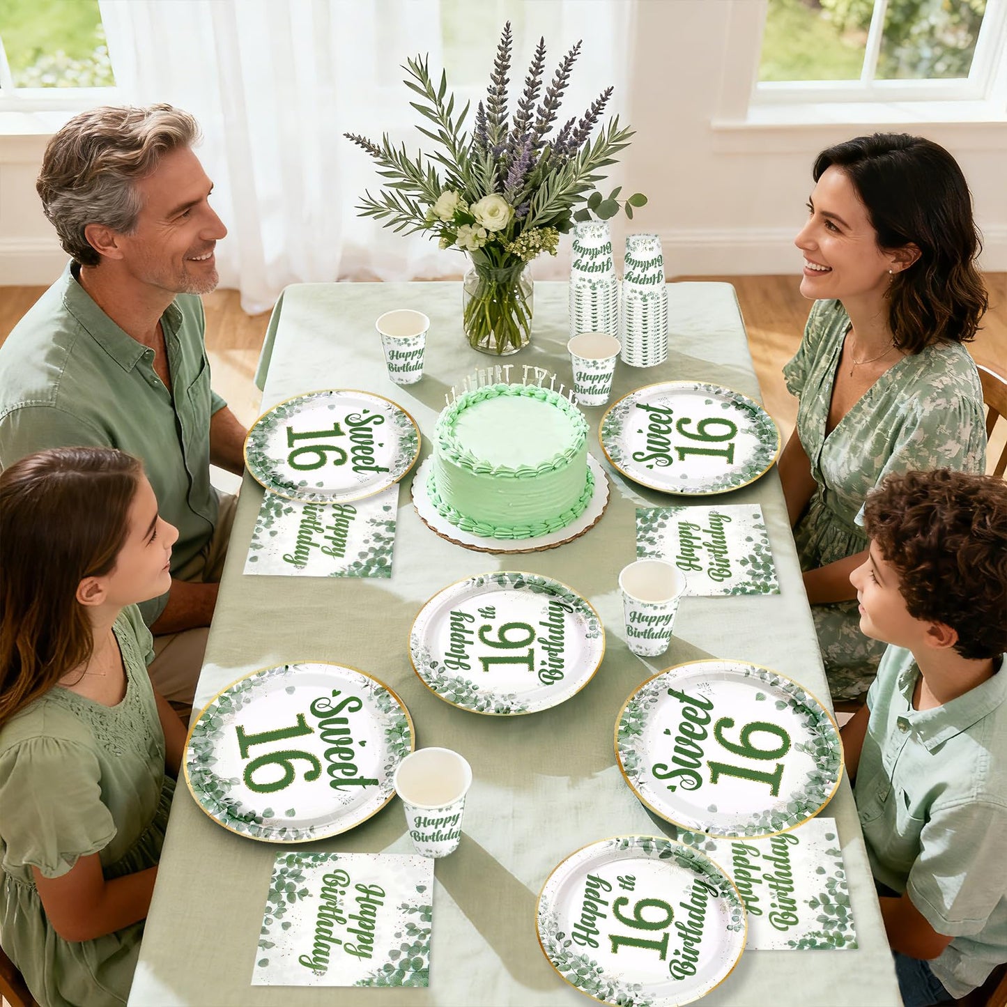 Greencian 250 Pcs Sweet 16 Sage Green Party Tableware Set – Serves 50