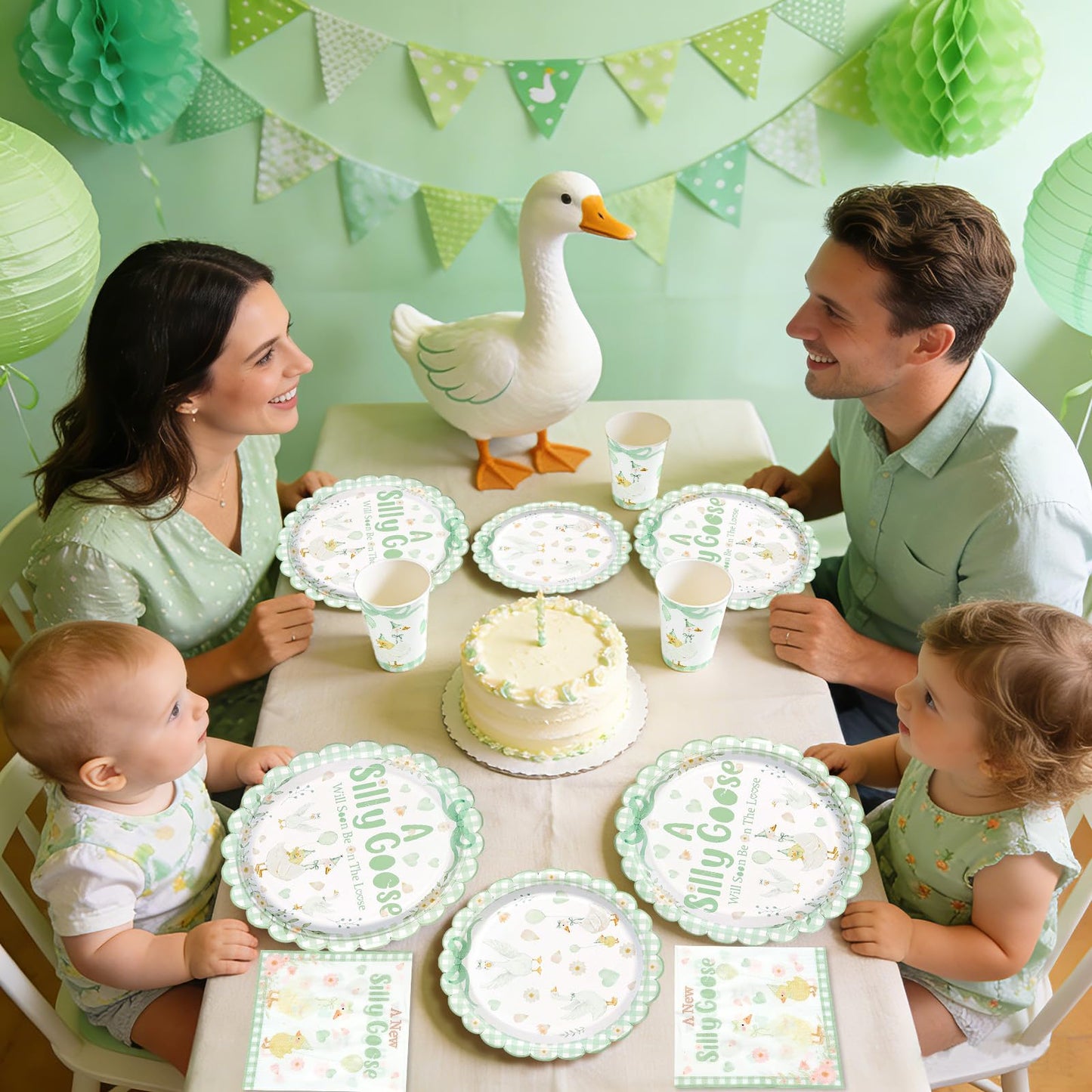 Greencian 168 Pcs Silly Goose Baby Shower Tableware Set – Serves 24, Green Gingham Duck Theme