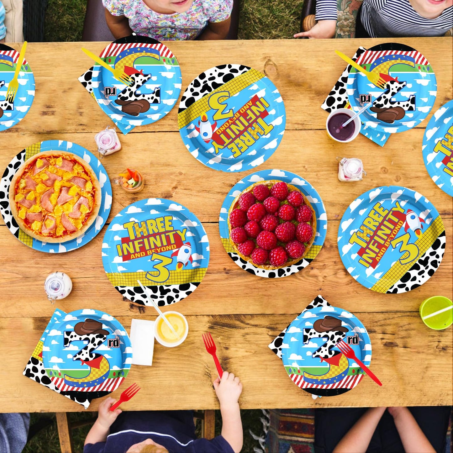 Greencian 96Pcs Toy Cartoon Story 3rd Birthday Tableware Set – Plates, Napkins & Forks (Serves 24)