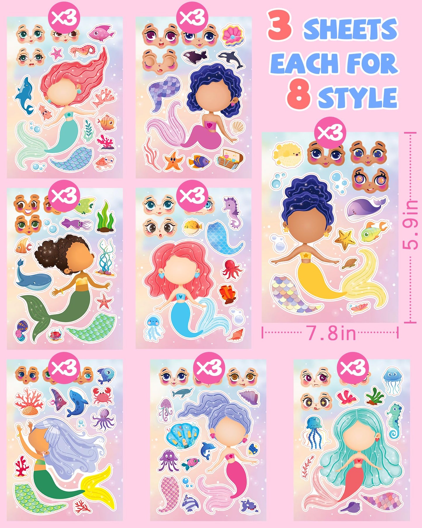 Greingways Mermaid Sticker Sheets for Kids – 24 Pcs DIY Face Stickers