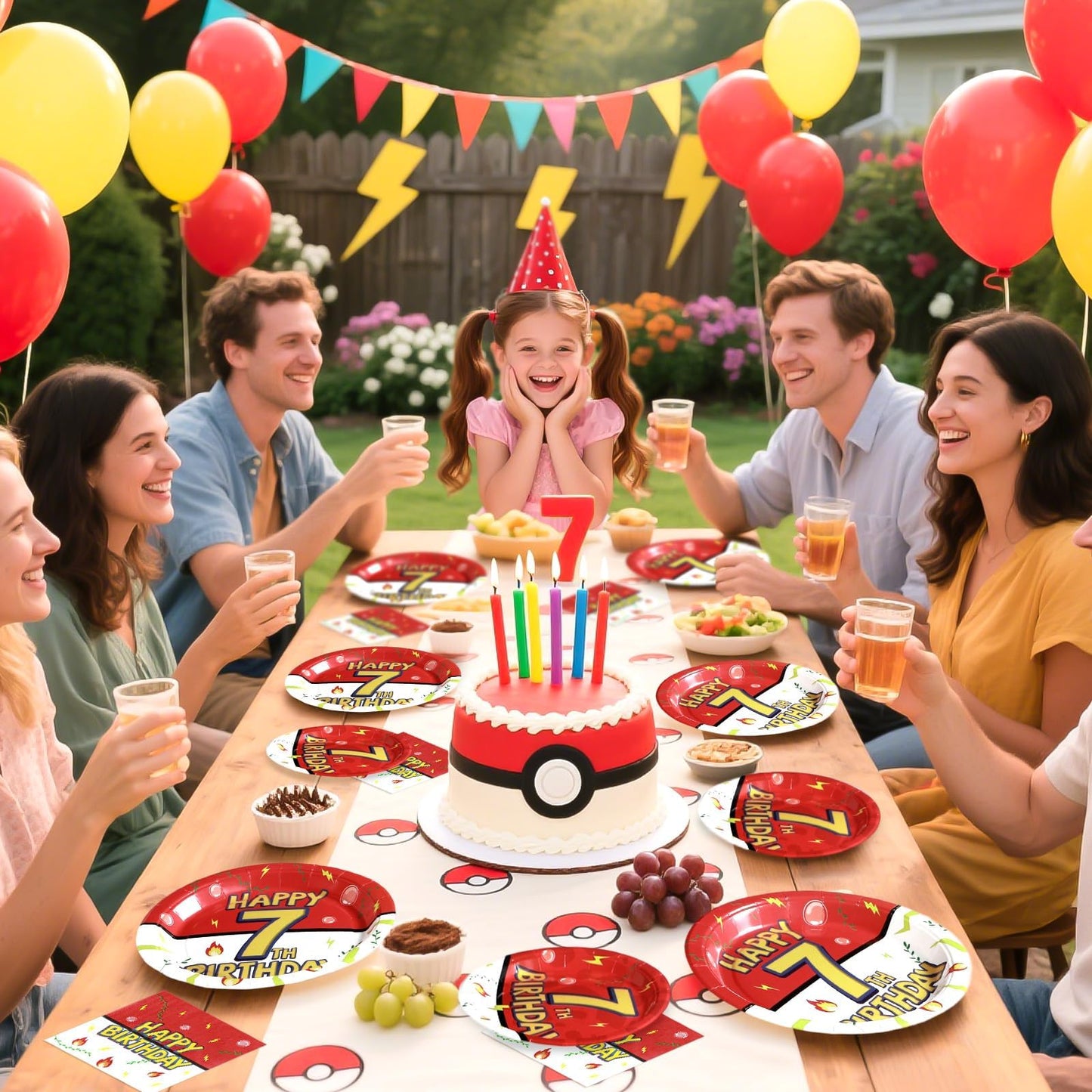 Grencian 96Pcs Happy 7th Birthday Tableware Set – Cartoon Red & White Theme, Serves 24