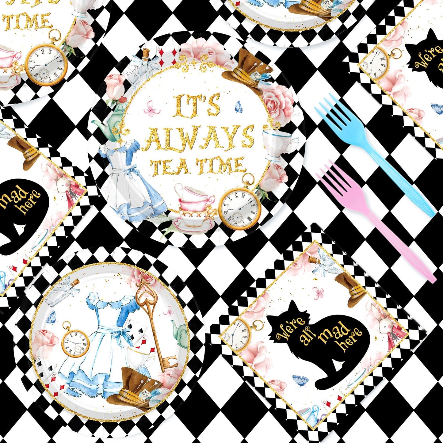 Grencian 96-Piece Alice in Onderland Party Tableware Set – Plates, Napkins & Forks for 24