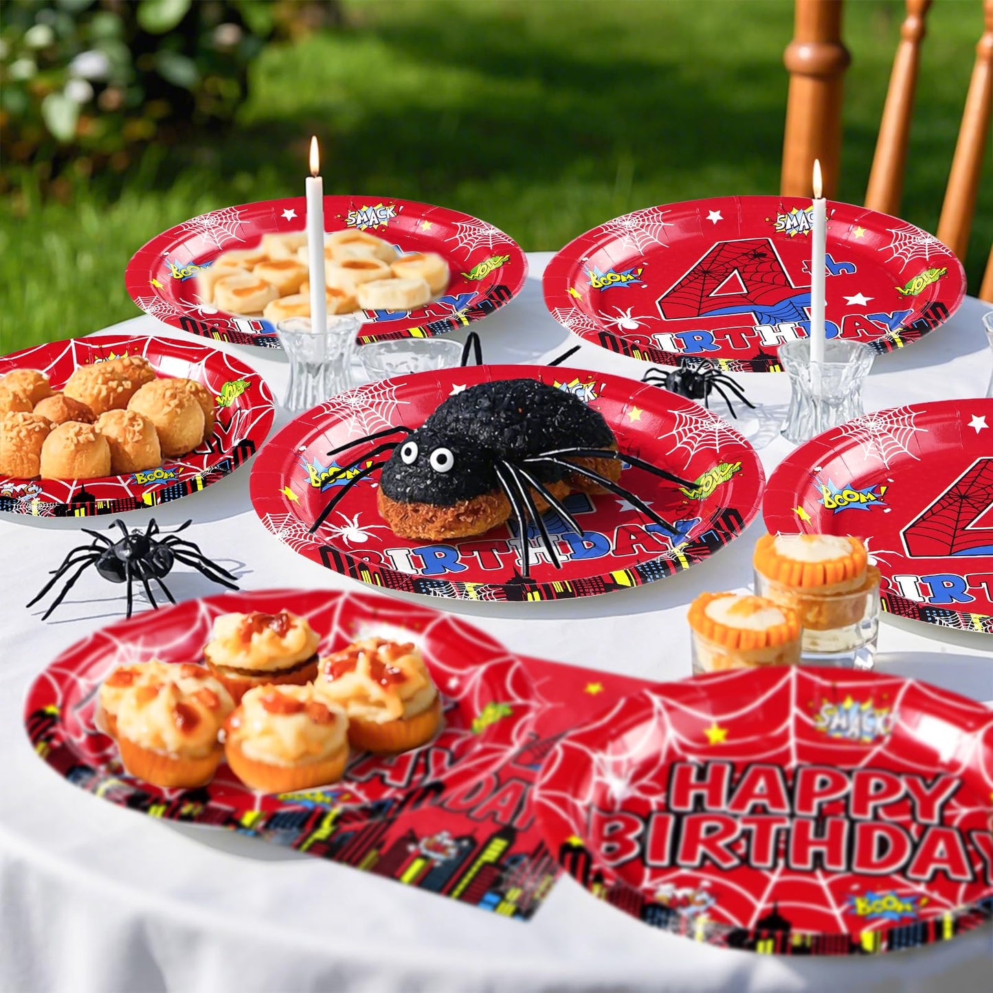 Grencian 96Pcs Spider 4th Birthday Party Supplies – 24 Guests, Red & Blue Hero Theme Plates, Napkins & Forks