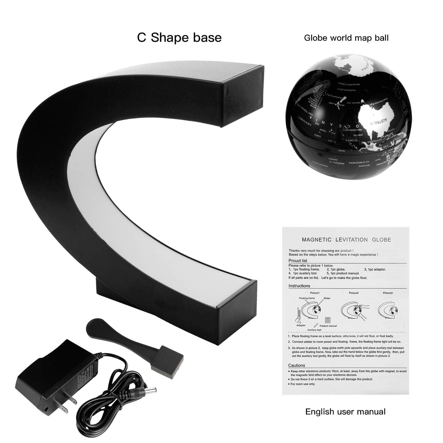 Gresus Magnetic Levitation World Map Globe — C-Shape LED Frame Desk Decor (Globe Doesn’t Light Up), Black