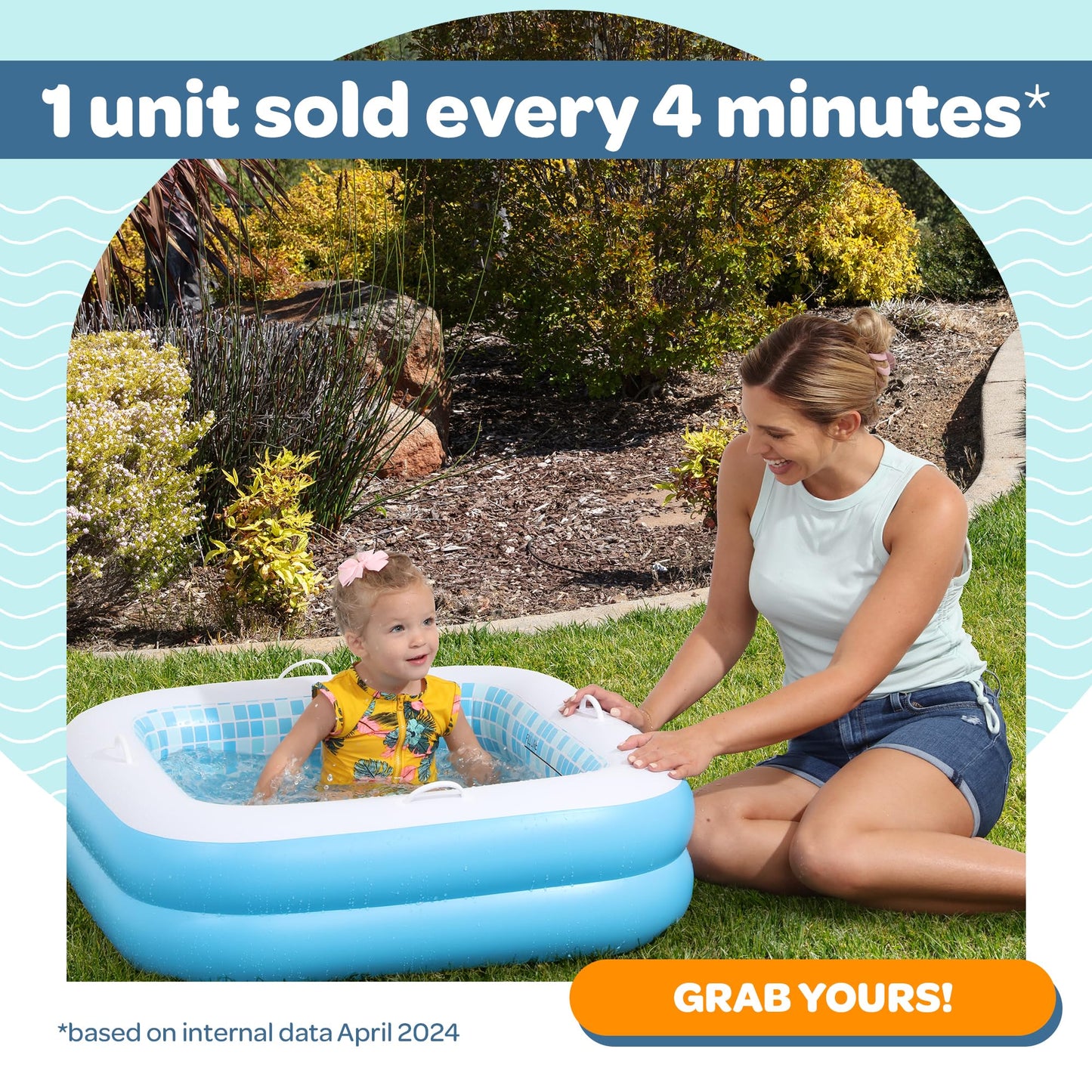 GRIP A POOL Inflatable Baby Pool for Toddlers 1-3 — 34x10 Inch Square Pool with Handles and Soft Floor