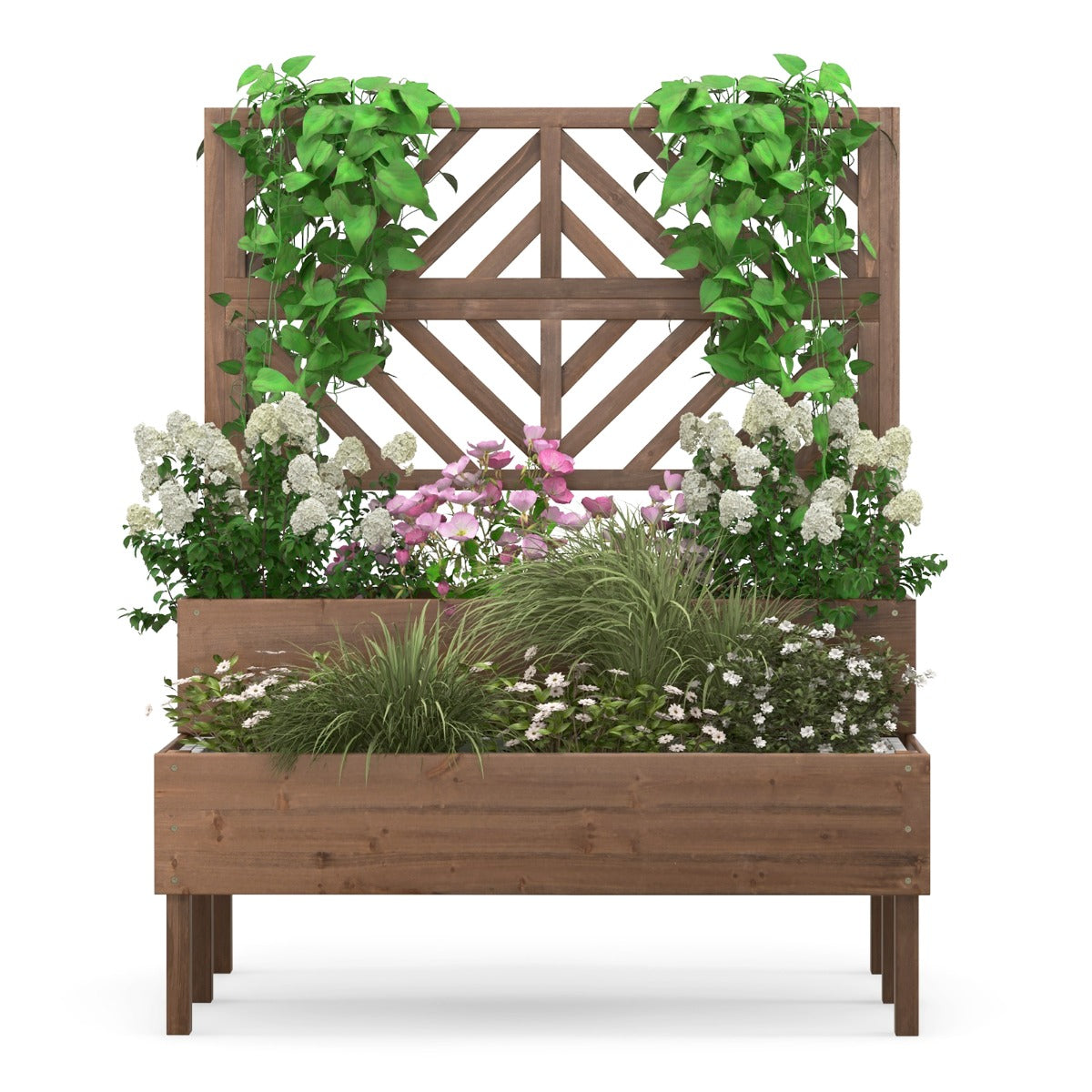 2-Tier Raised Garden Bed with Trellis and Drainage Hole-Natural