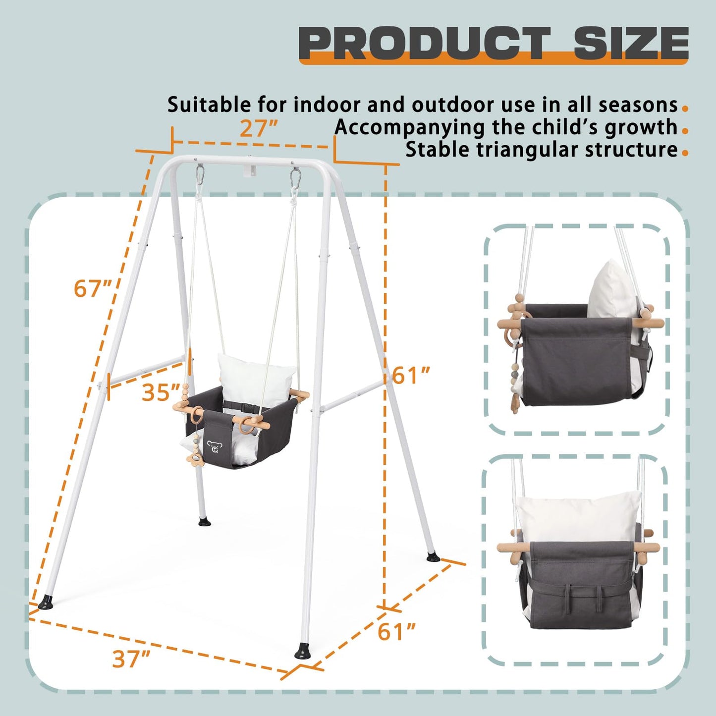 G TALECO GEAR Baby Swing with Stand – Indoor/Outdoor Saucer Swing with Canvas Seat (Gray)