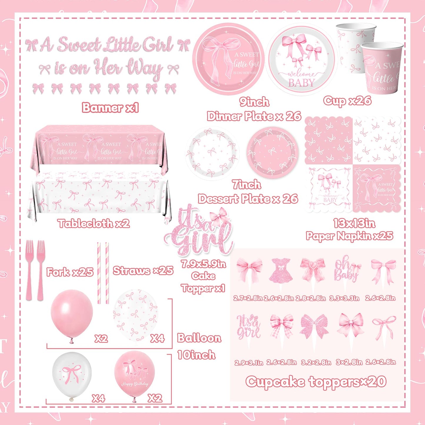 Gupesxu Pink Bow Baby Shower Decorations — Complete 25-Guest Party Supplies Set