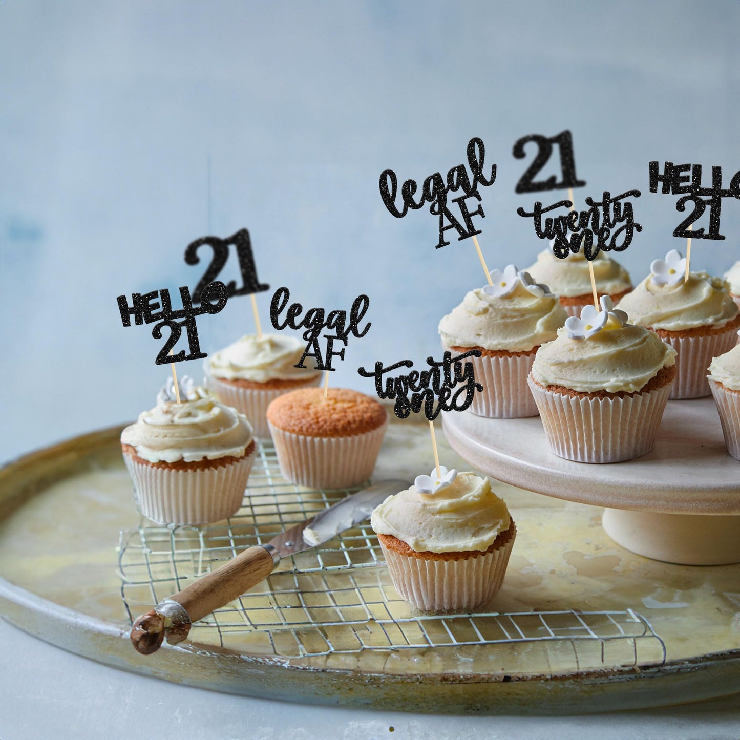 Gyufise 24Pcs Black Glitter 21st Birthday Cupcake Toppers – Cake Decorations for 21st Party