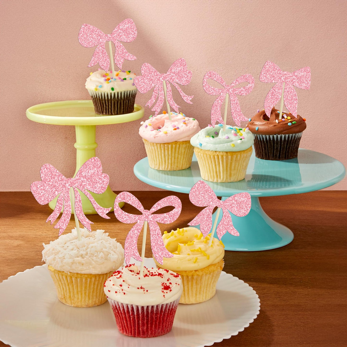 Gyufise 36Pcs Pink Glitter Bow Cupcake Toppers – Bowknot Cake Picks for Birthday & Showers
