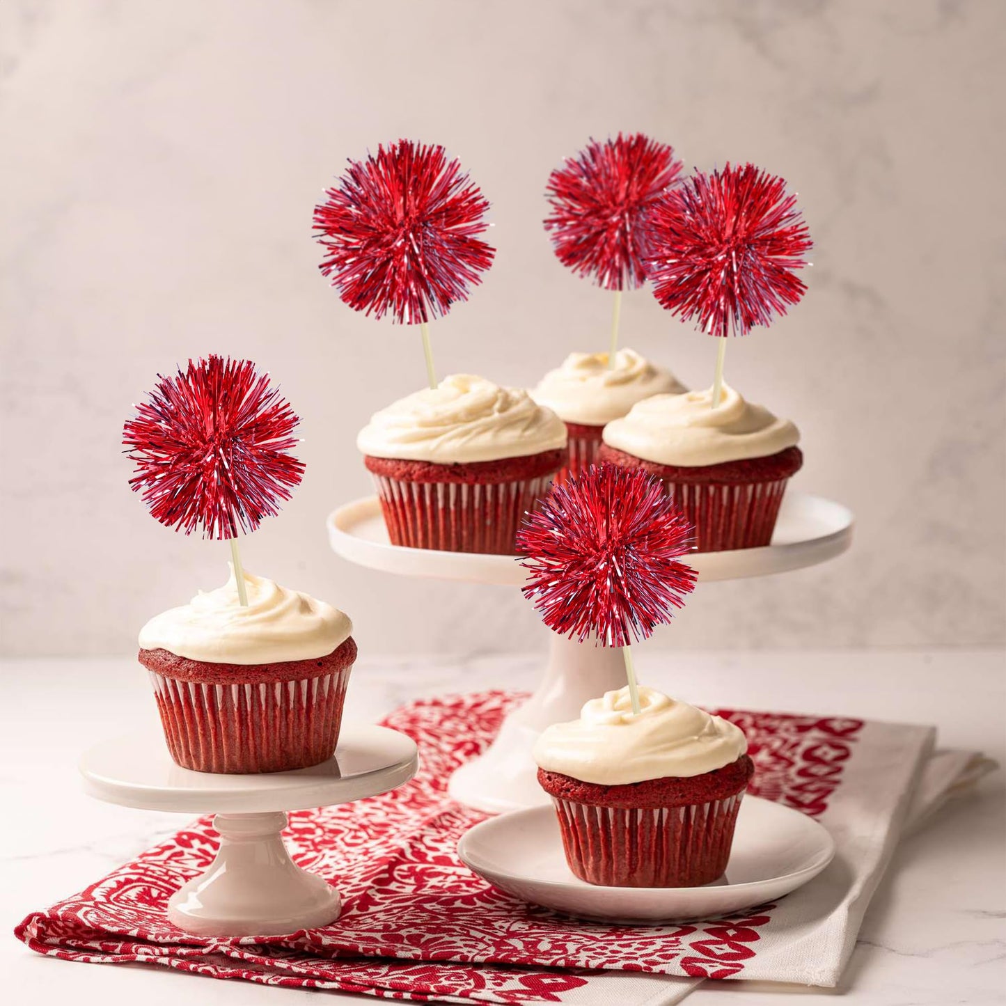Gyufise 30Pcs Foil Firework Cupcake Toppers – Sparkle Tinsel Cake Picks, Dark Red