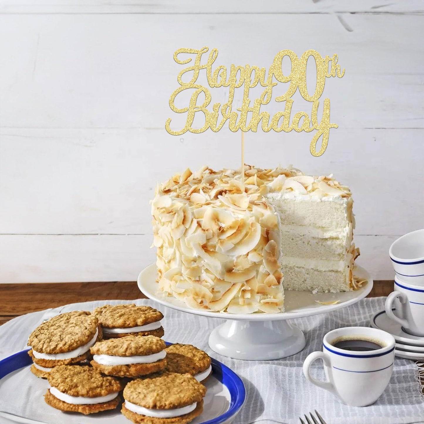Gyufise 1pc Happy 90th Birthday Cake Topper - Gold Glitter