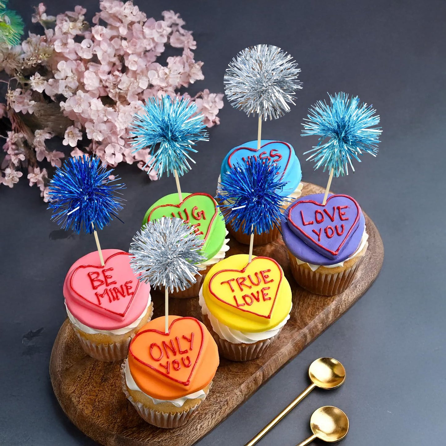 Gyufise 30Pcs Foil Firework Cupcake Toppers – Sparkle Tinsel Cake Decorations for Birthday Parties