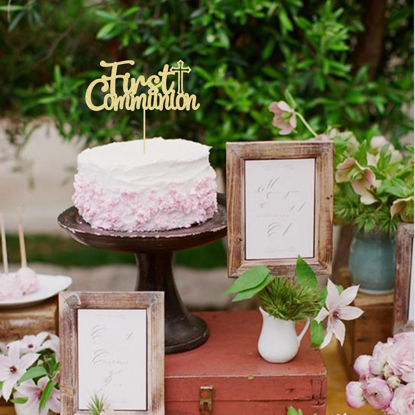 Gyufise Gold Glitter First Communion Cake Topper – 1Pcs God Bless Decoration