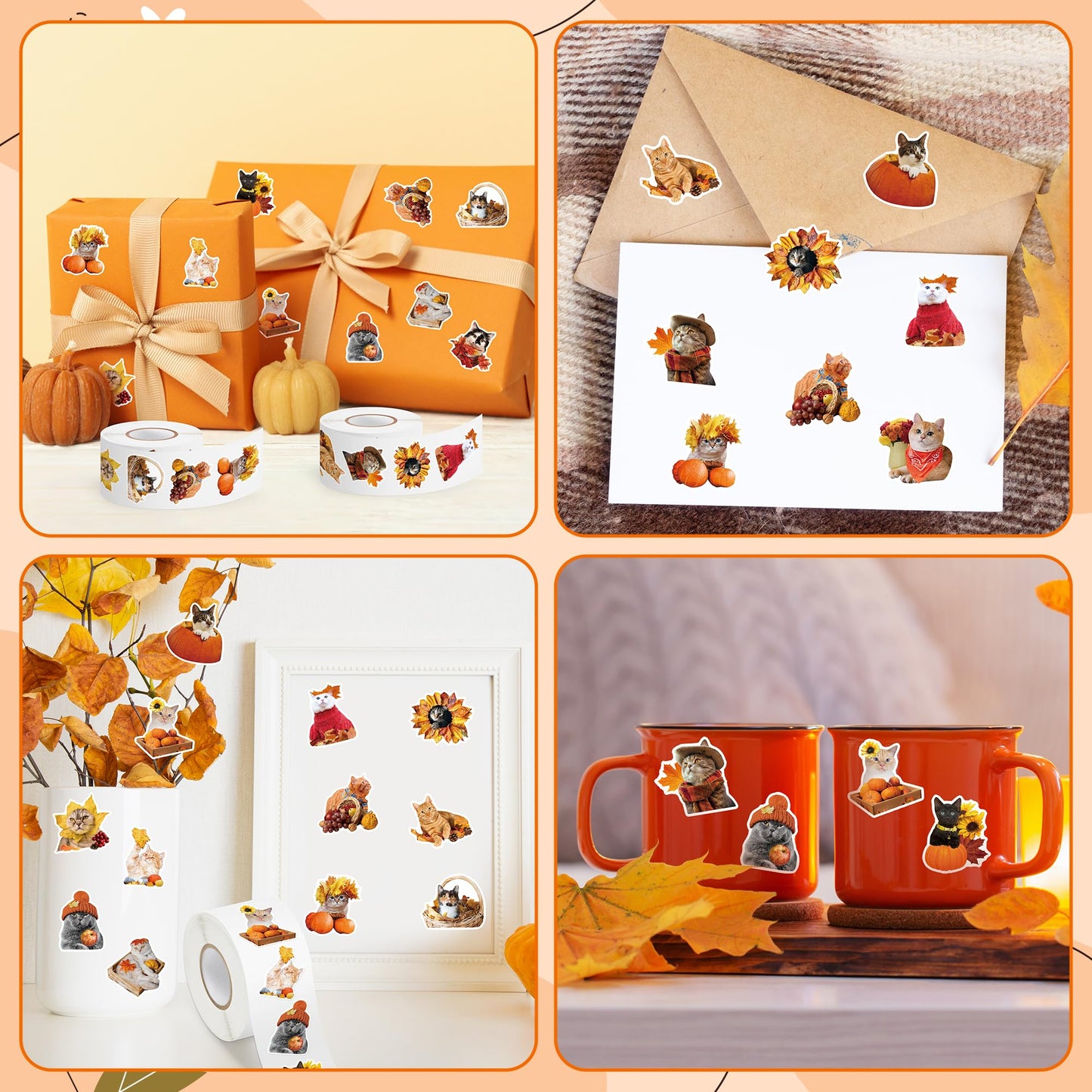 H1vojoxo Autumn Thanksgiving Sticker Rolls – 1000 Self-Adhesive Cat Designs in 2 Rolls, 16 Patterns