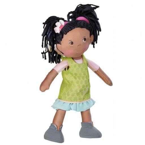 HABA Cari 12in Black Baby Doll - Embroidered Face, Removable Green Dress, Machine Washable